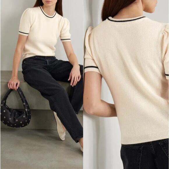 NEW FRAME Short Sleeves Gathered Striped Cashmere Sweater Cream Size: Small - Picture 7 of 7